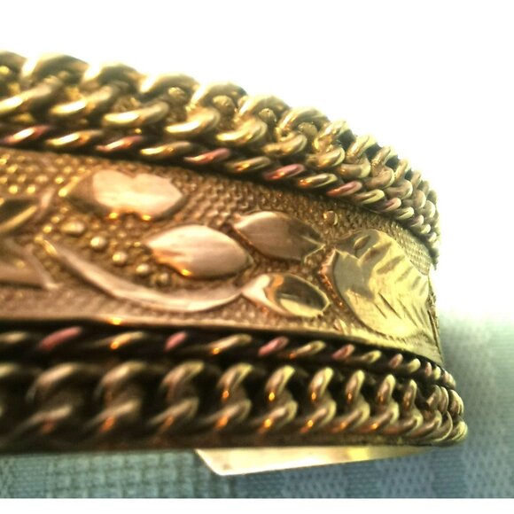 Etched Brass Cuff Bracelet Wide Boho Statement Cuff with Chain Border Vintage - Picture 4 of 10